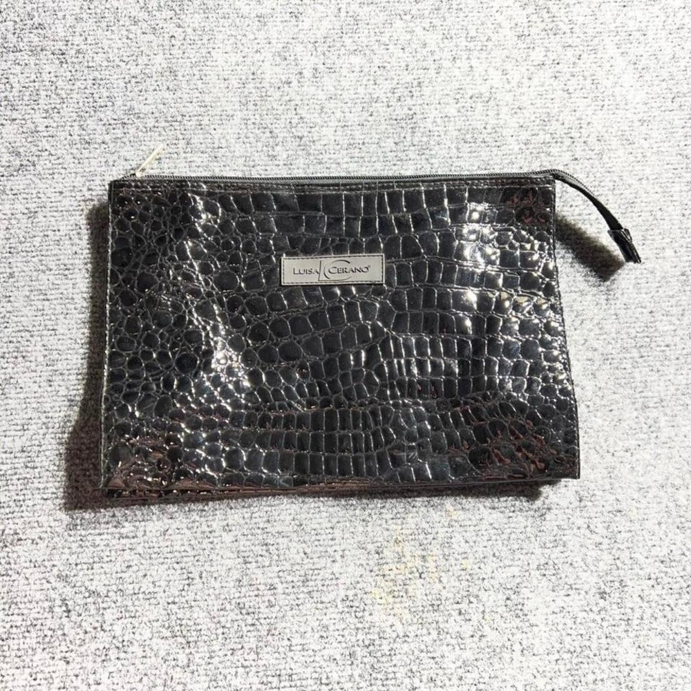 Luisa Cerano Black Croc Embossed Faux Leather Zip Top Clutch Bag Accessory